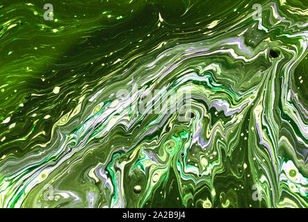 Colorful natural green marble ink paper texture on white watercolor background. Chaotic abstract organic design. Bath bomb waves. Stock Photo