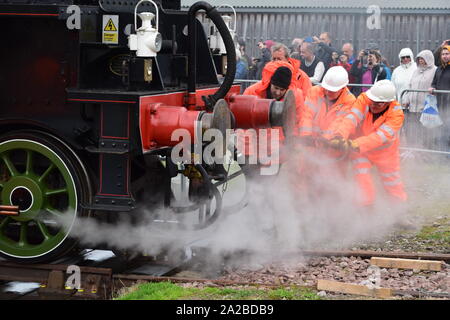 Volunteers turning Tornado steam engine on turntable at Ferryhill Railway Heritage Trust Aberdeen Stock Photo