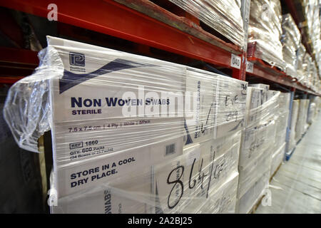 Boxes of medical swabs, which are being stockpiled as part of Brexit preparations at a NHS Wales warehouse in South Wales. The warehouse is storing extra medical devices and consumables to ensure health and social services continue to run smoothly in the event of a no-deal Brexit. Stock Photo