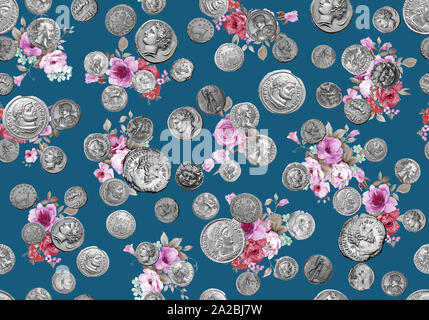 Seamless ancient coins pattern with watercolor flowers and blue background for textile print. Stock Photo