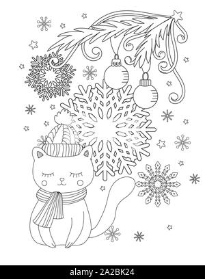 Christmas coloring page for kids and adults. Cute cat with scarf and knitted cap. Hand drawn vector illustration. Stock Vector