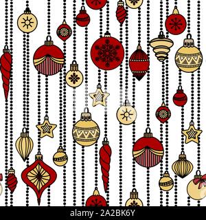 Seamless pattern with christmas toys, balls and stars. Hand drawn doodle style. Vector illustration. Isolated on white background. Perfect for wrapping paper, wallpaper, fabric print Stock Vector