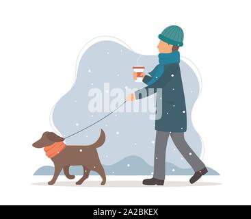 Man walking the dog in winter. Cute vector illustration in flat style ...