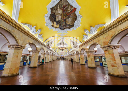 Moscow, Russia, September 28, 2019: Interior of Elektrozavodskaya metro station. It opened on 30 January 1952 as a part of the second stage of the lin Stock Photo