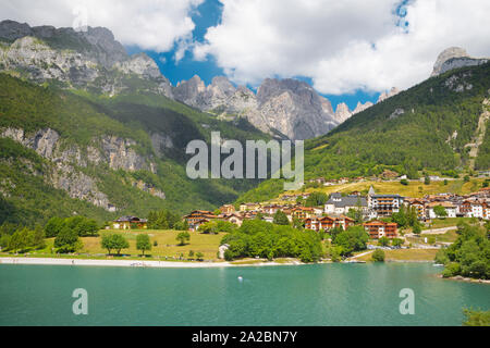 The Alps lake Lago di Molveno with the Brenta dolomites in the background. Stock Photo