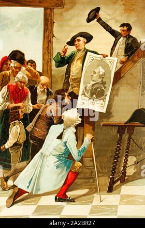Worship of the king's portrait, Lous XVI, during the French revolution. Antique illustration of 1897.