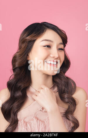 Close-up photo portrait of nice sweet lovely dream dreamy with whit teeth smile Stock Photo