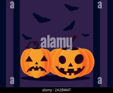 Pumpkins cartoons design, Halloween holiday horror scary celebration autumn dark and party theme Vector illustration Stock Vector