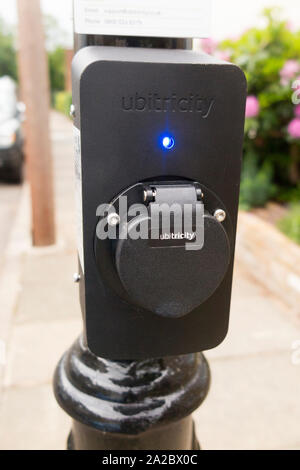 Siemens Ubitricity Simple Socket / Simplesocket on a Victorian style street lamp / light post / lamp post in London. UK. (108) Stock Photo