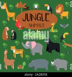 Vector set Jungle animals. Flat style character. Vector illustration. Stock Vector
