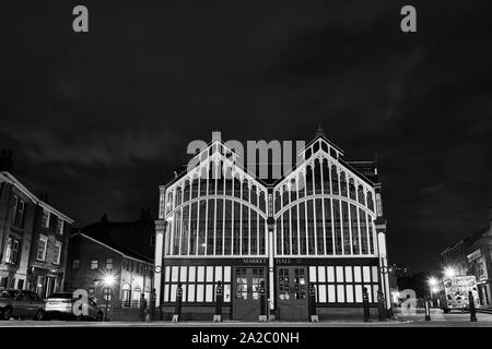 Market Hall at night in black and white, Stockport, North West England Stock Photo