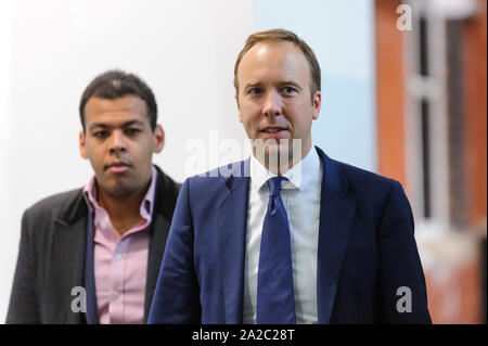 Manchester, UK. 2nd October 2019. Secretary of State for Health and Social Care, The Rt Hon Matt Hancock MP, leaves the 2019 Conservative Party Conference at Manchester Central following the Prime Minister’s speech. Credit: Paul Warburton/Alamy Live News