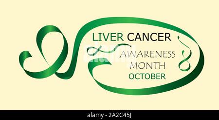 Liver Cancer Awareness Month is organised in October. Green waving ribbon sign on yellow background Stock Vector