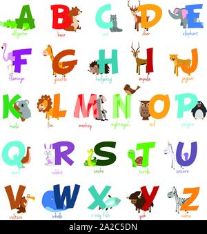 Cute cartoon zoo illustrated alphabet with funny animals. English alphabet. Learn to read. Isolated Vector illustration. Stock Vector