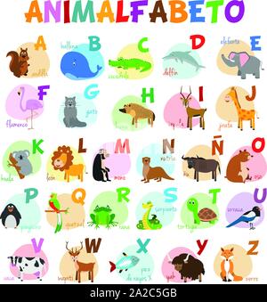 Cute cartoon zoo illustrated alphabet with funny animals. Spanish alphabet. Learn to read. Isolated Vector illustration. Stock Vector