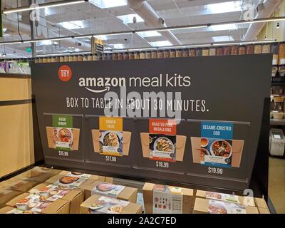 Sign for Amazon Meal Kits at a Whole Foods Market store in San Ramon, California, following the upscale grocery chain's acquisition by Amazon.com, July 30, 2019. () Stock Photo