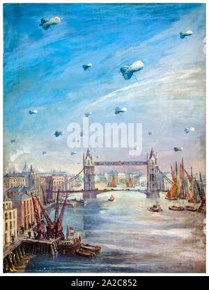 British, WW2, Artwork, Barrage balloons flying over the River Thames and Tower Bridge in London, England, UK, painting by Eve Kirk, 1939-1946