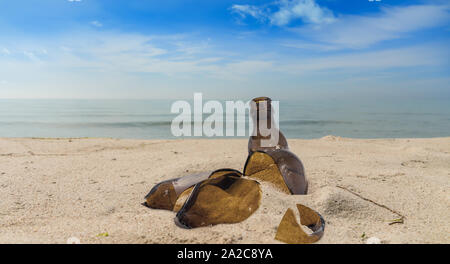 Pollution from a broken glass bottle lying on a beach in the sand Stock Photo