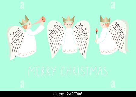 Whimsical Christmas Holiday Scandinavian Style Angels and Merry Christmas Words on Aqua Background Vector Card. Minimal Nordic Festive Advent Backdrop Stock Vector