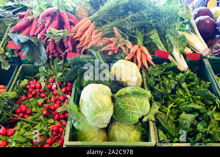 Vegetable market with various colorful fresh fruits and vegetables. Stock Photo