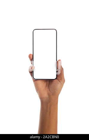 Black female hand holding smartphone with blank screen Stock Photo