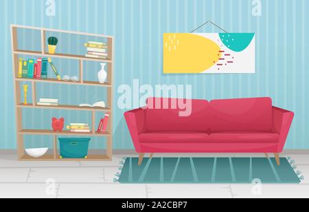 The flat trendy interior features a wooden-legged sofa and a bookcase. Abstract painting on the wall. Stock Vector