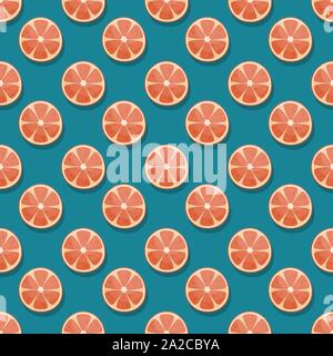 Seamless pattern with round grapefruit slices on a blue background. Flat lay vector background. Stock Vector