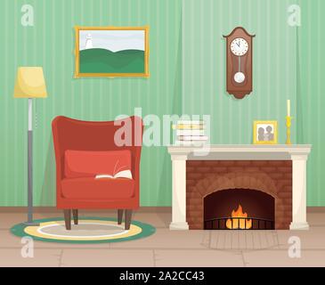 Living room with fireplace and antique clock over the fireplace. Flat vector illustration. Stock Vector