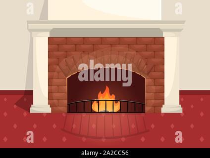 Brick fireplace in classic interior with white decorative elements. Heat from the fire in the apartment. Flat vector illustration. Stock Vector