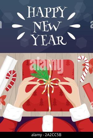 Christmas card with Santa Claus packing a gift. Flat lay vector New Year poster. Stock Vector