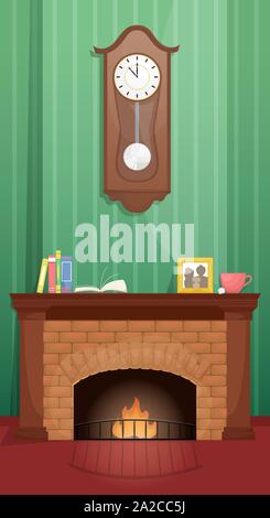 Living room with fireplace and antique clock over the fireplace. Flat vector illustration. Stock Vector