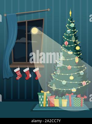 Tall beautiful Christmas tree with garland and Christmas tree toys and gifts near the window with Christmas socks. Christmas flat vector interior. Stock Vector