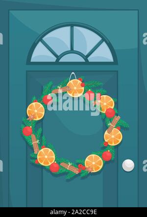 Christmas wreath of fir branches on the front door. Wreath of fir branches decorated with dried oranges, cinnamon sticks and cardamom. Stock Vector