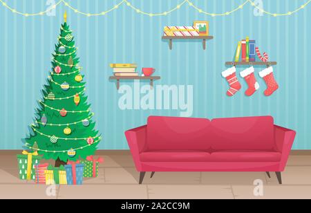 Tall beautiful Christmas tree with garland and Christmas tree toys and gifts. Christmas flat vector interior. Stock Vector