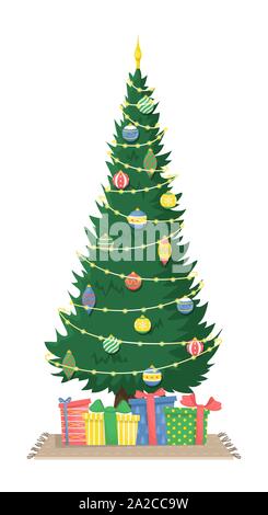Tall beautiful Christmas tree with garland and Christmas tree toys and gifts. Christmas flat vector illustration. Stock Vector