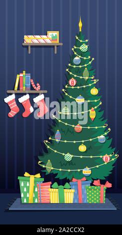 Tall beautiful Christmas tree with garland and Christmas tree toys and gifts. Christmas flat vector interior. Stock Vector