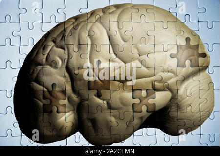 human brain and jigsaw puzzle with missing pieces - Alzheimer Stock Photo