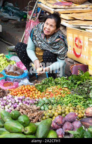 Morning market with stalls selling fresh produce, Luang Prabang, Luang Prabang province, Northern Laos, Laos, Southeast Asia Stock Photo