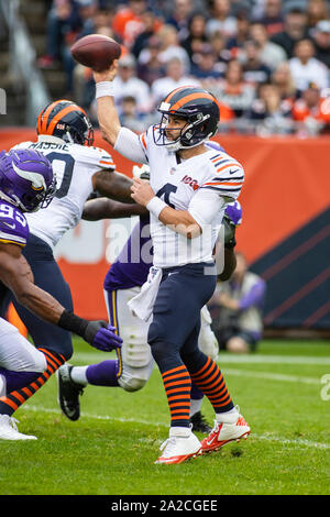 September 29, 2019: Chicago, Illinois, U.S. - Vikings #19 Adam Thielen  reaches for the ball during the