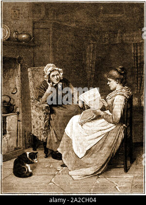 Good News from the front (Boer War) 1800's illustration - A daughter reads the war news to her partially deaf aged mother in a small cottage with an open fire stove and a bed-place. Stock Photo