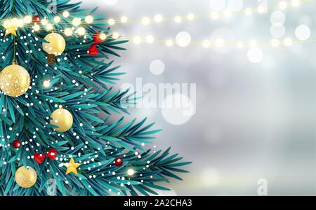 Abstract Holiday New Year and Merry Christmas Background with realistic Christmas tree. Vector Illustration Stock Vector