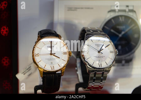 Chelyabinsk Region, Russia - August 2019. Tissot brand watches. Tissot luxury watches at showcase for sale. Stock Photo