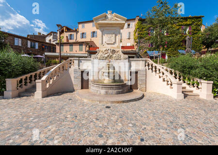 The Fountain and Memorial in Grimaud, Provence, France. Stock Photo