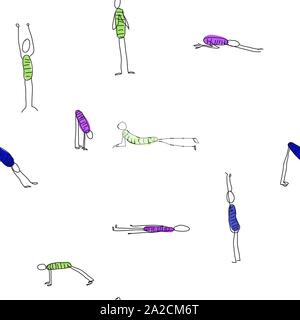 Doodle stick figure seamless repeat with person exercising various different yoga poses training. Vector. Stock Vector