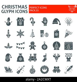 Christmas glyph icon set, holiday symbols collection, vector sketches, logo illustrations, new year signs solid pictograms package isolated on white Stock Vector