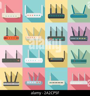 Router icons set. Flat set of router vector icons for web design Stock Vector
