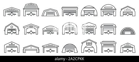 Airport hangar icons set. Outline set of airport hangar vector icons for web design isolated on white background Stock Vector