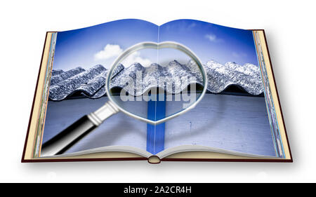 Analysis of the compounds of a dangerous asbestos roof - concept image with magnifying glass - 3D rendering concept image of an opened photo book isol Stock Photo