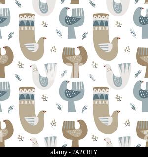 Christmas Scandinavian seamless pattern. Ornamental dove birds, berries and fir tree branches. Nordic, Swedish winter design for textile, gift Stock Vector