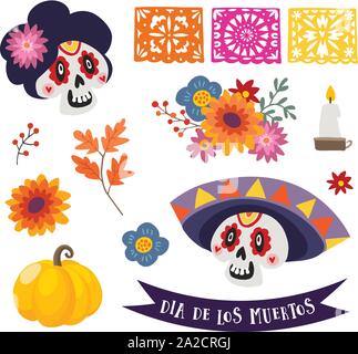 Dia de Los Muertos isolated vector graphic objects..Mexican Day of the Dead. Ornamental skull with sombrero hat, calavera catrina, cut flags, pumpkins Stock Vector
